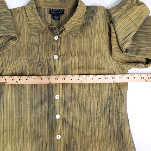 VTG Y2K Spenser Jeremy Silk Striped Button Up Tunic Top Womens L Olive Green - Picture 10 of 11